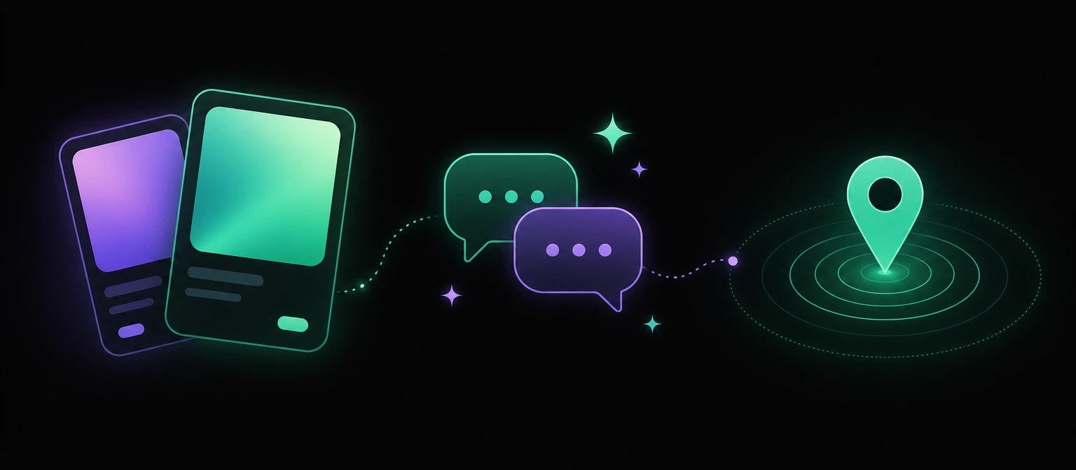 Swiped profile cards, AI chat bubbles and a location radius illustration