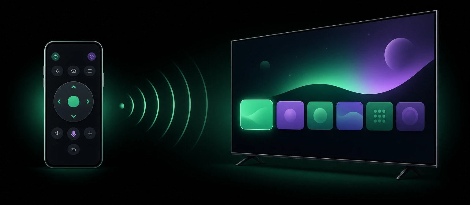 Phone remote layout sending a wireless signal to a smart TV illustration